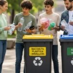 Giovani alle prese con la raccolta differenziata di imballaggi in plastica