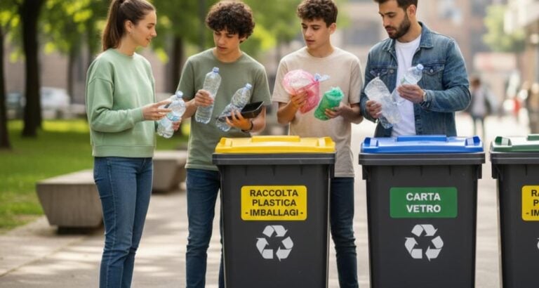 Giovani alle prese con la raccolta differenziata di imballaggi in plastica