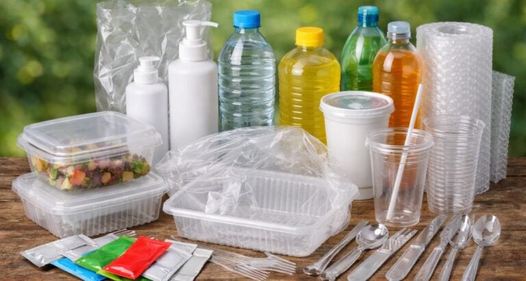 Immagine generata da IA con imballaggi e oggetti in plastica
